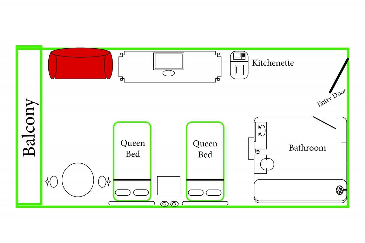 A map layout of the hotel room.