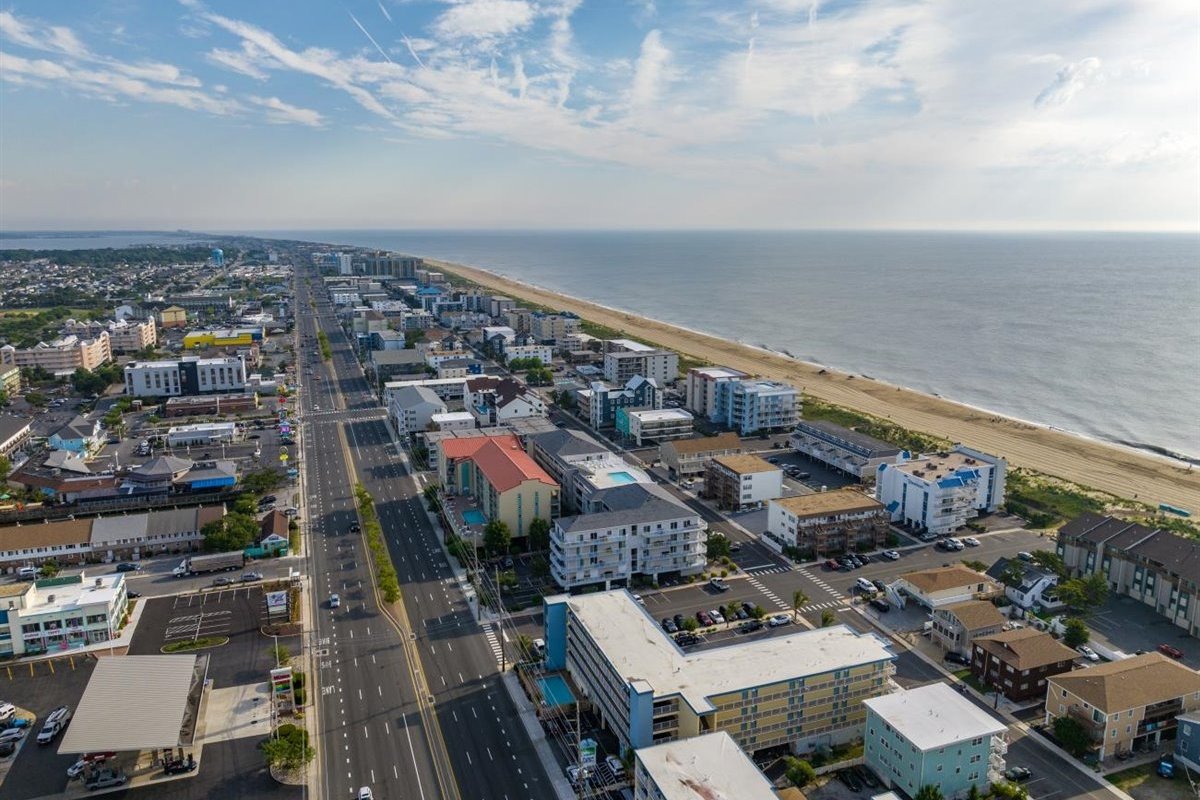 The view from a drone of OCMD beach and city.