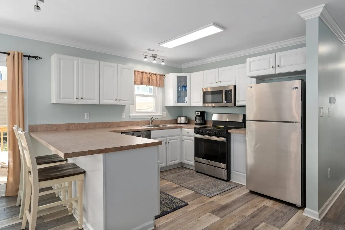 The kitchen area of the beach house.