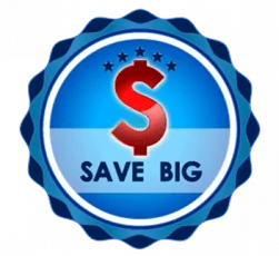 A money sign icon that says save big.