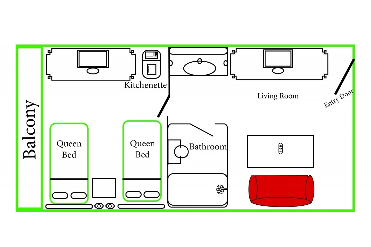 a floor plan drawing of a suite with two queen beds, a kitchenette, living room, and bathroom