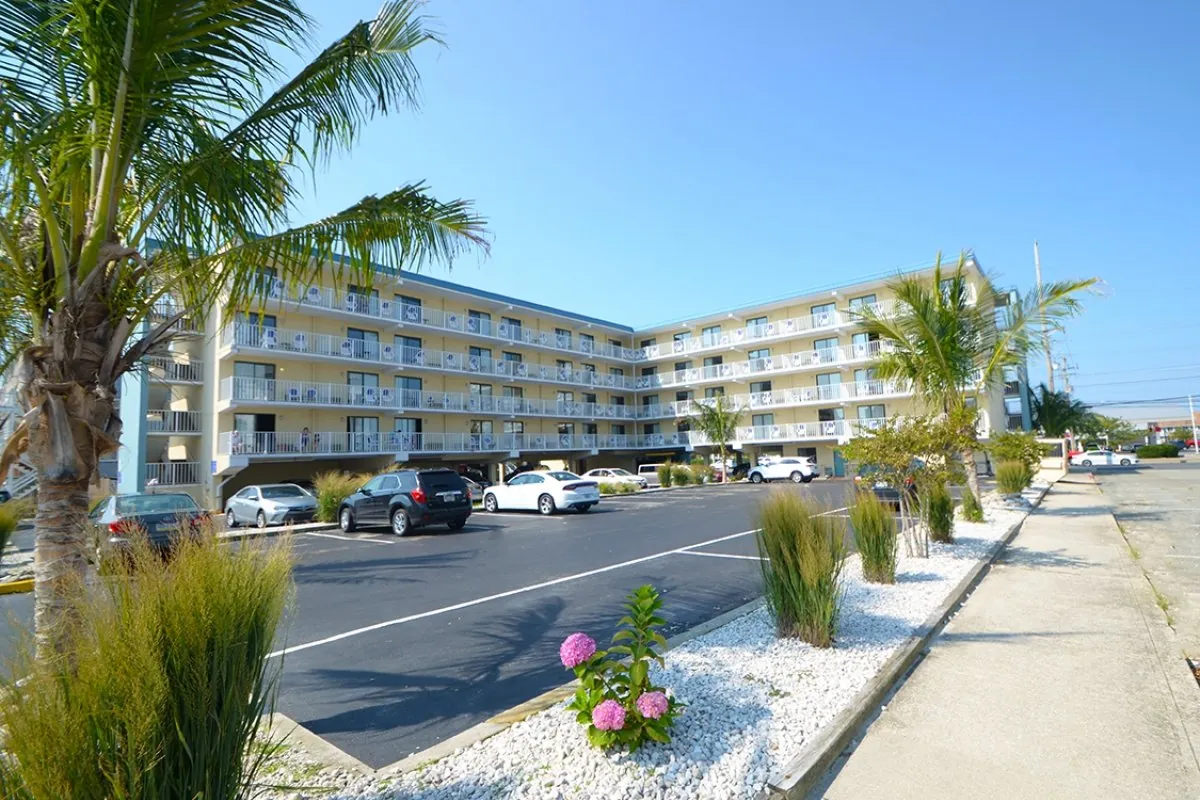 The exterior of Coastal Palms Oceanblock Hotel.